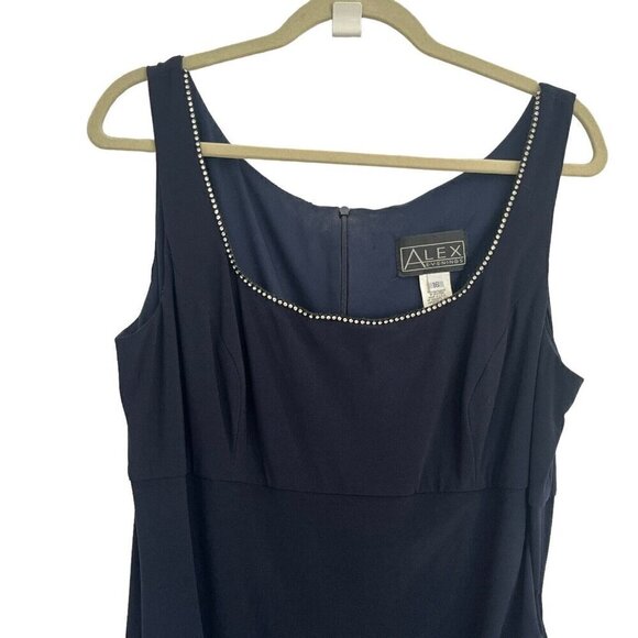 Alex Evenings 16 Long Maxi Dress Navy Blue Ruched Sleeveless Embellished Formal - Picture 4 of 15